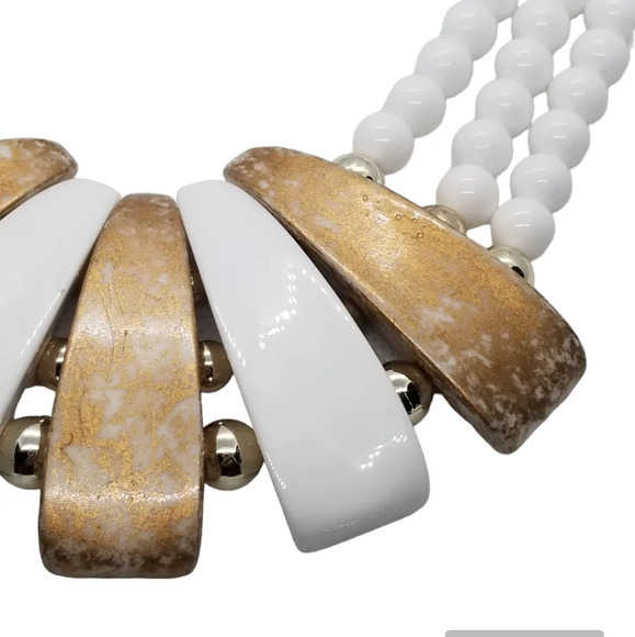 VINTAGE GOLDTONED & WHITE BAR PENDANTS & BEADED COLLAR STATEMENT NECKLACE - Picture 4 of 6